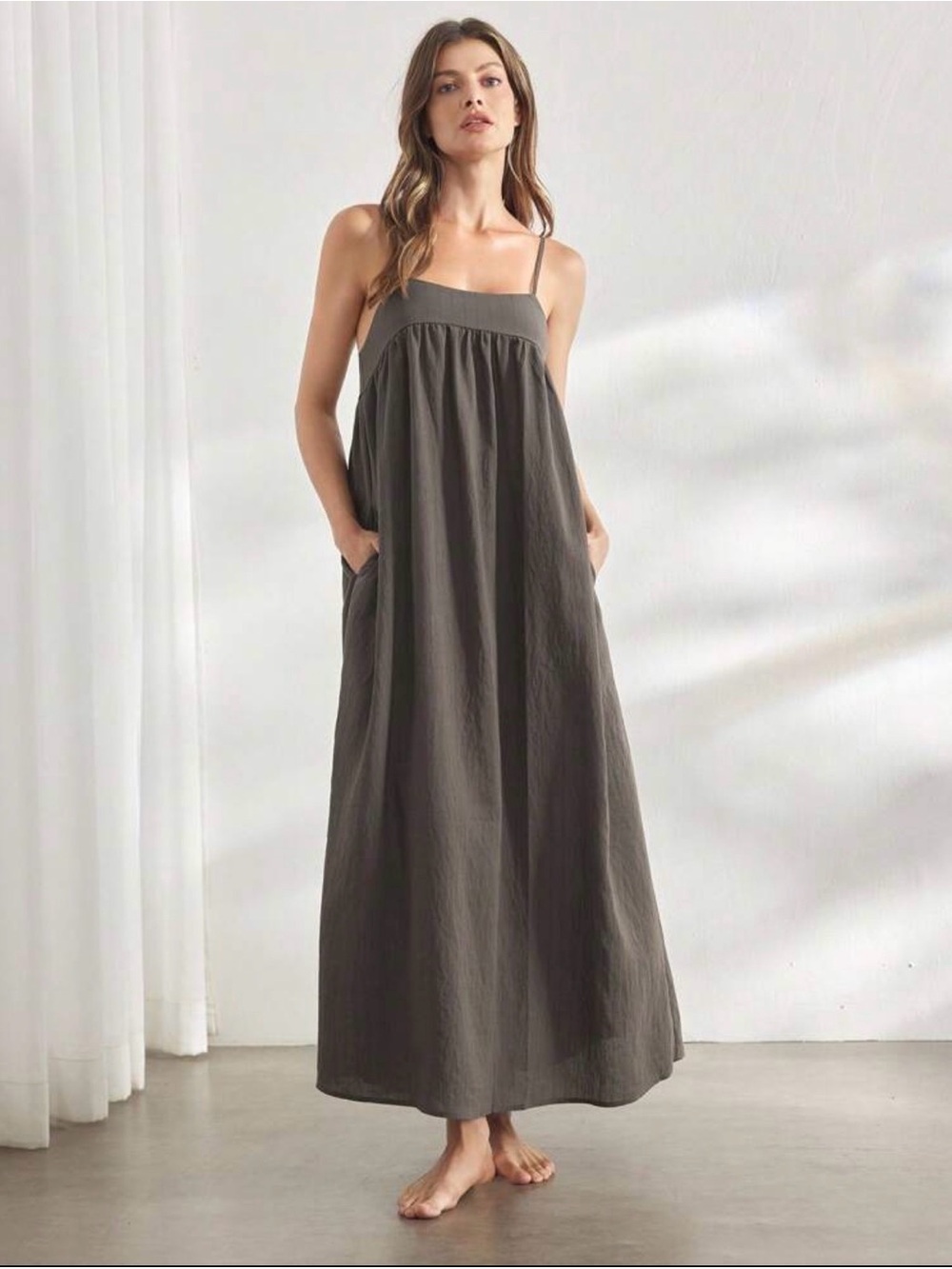 Relaxed Charcoal Maxi Sundress with Spaghetti Straps and Pockets